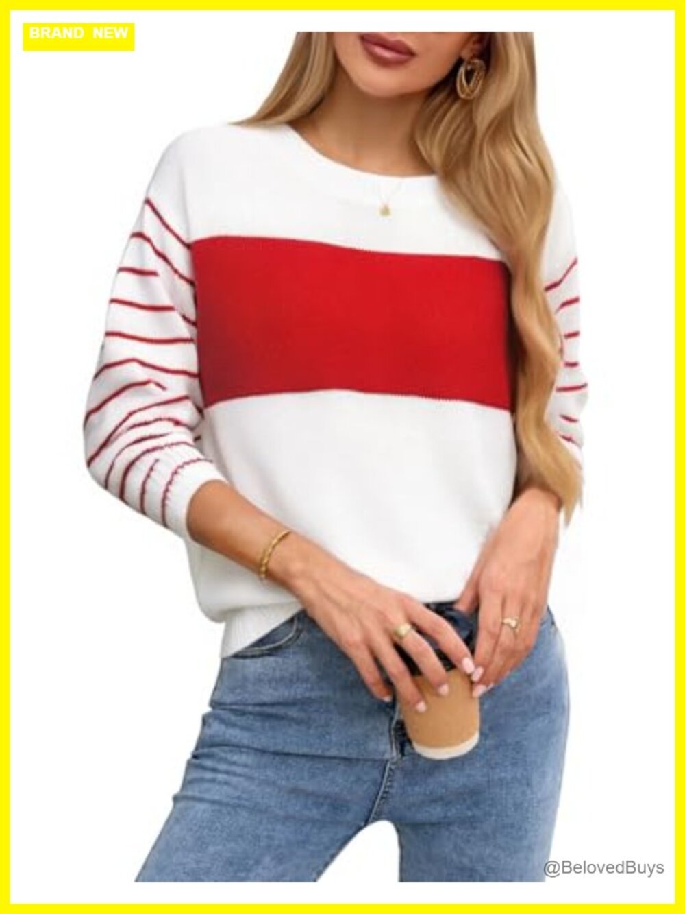 Womens Loose Knit Pullover Sweater Long Sleeve Crewneck Color Block